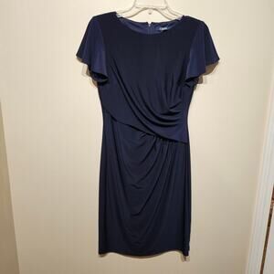 Chaps Navy Blue Short Sleeve Knee Length Ruffle Wrap Dress Small